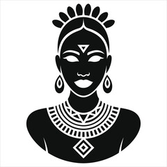 (Tribal necklace)Elegant African Woman Portrait with Traditional Adornment/A stylized, black and white portrait of a woman with intricate, tribal-inspired adornments.