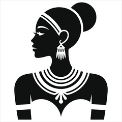 (Tribal necklace)Elegant Black and White Silhouette of an African Woman with Traditional Jewelry/A striking profile view of a stylized African woman.