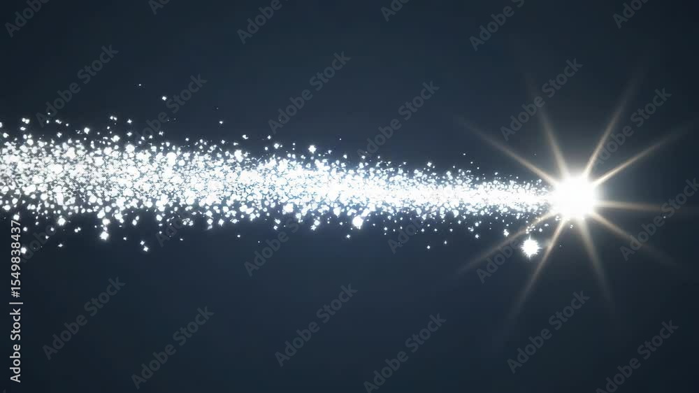 Poster shimmering light particles emanate from a bright central point in dynamic burst