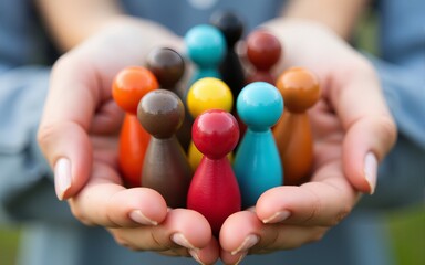 Wooden figures representing diversity and inclusion are encircled by protective hands, symbolizing unity and support. figures vary in color, highlighting theme of human capital management