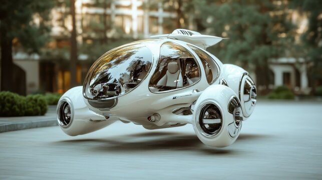 A sleek, futuristic vehicle resembling a hover car is positioned in an urban environment, showcasing innovative design and advanced technology with a unique shape.