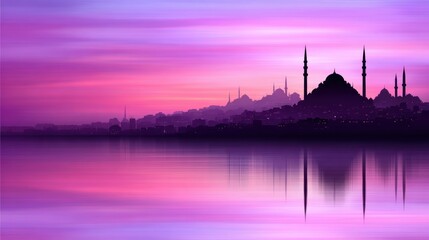 Fototapeta premium A stunning silhouette of a city skyline at sunset, featuring vibrant shades of purple and pink reflecting on water, This image is perfect for travel blogs, posters