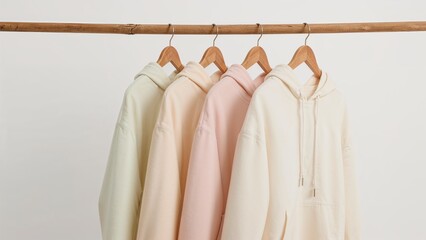 Pastel Hoodies Hanging on Wooden Hanger Against white Wall