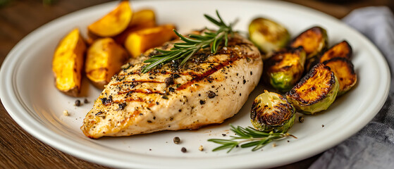 Grilled Chicken Breast with Roasted Potatoes and Brussels Sprouts