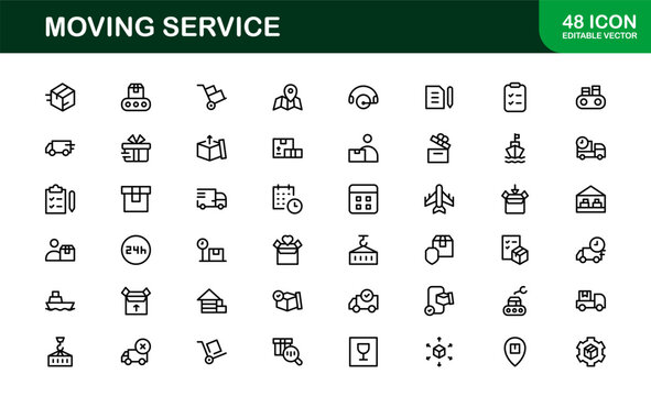 Moving Service Line Icon Pack. Minimal, unique collection showcasing professional moving, shipping, cargo, and transport symbols. Perfectly designed for versatile use.
