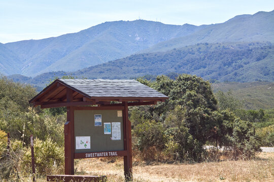 Trailhead Information Board with Mountains near Cachuma Lake
