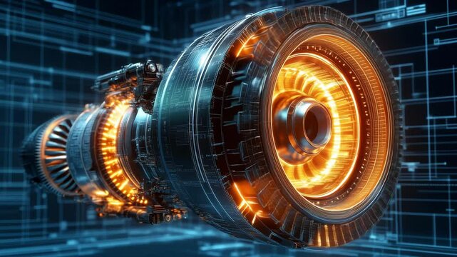 A futuristic turbine engine featuring intricate designs and glowing elements set against a digital backdrop showcasing technology