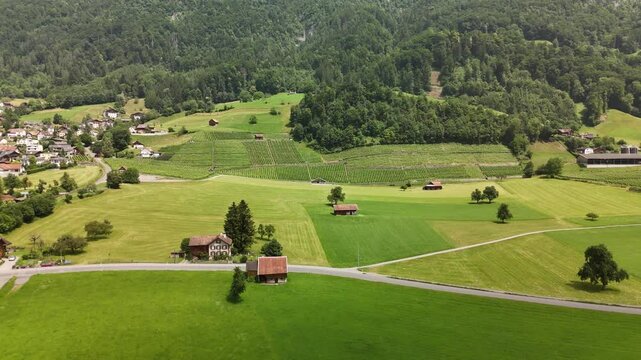 Scenic Aerial View of a Valley with Green Fields and Mountain Landscape in Switzerland near Flums, Berschis, and Walenstadt in the Canton of St. Gallen &ndash; Drone Footage