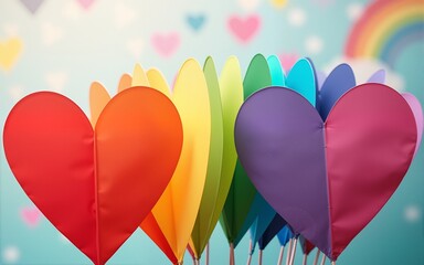 Colorful rainbow hearts displayed on a pride themed background illustrating diversity and inclusion. High quality