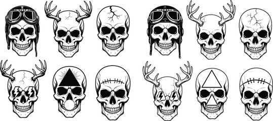 Skulls with Antlers, Goggles and Symbols, Outline Illustration on Plain Backdrop
