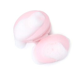Soap bars with foam isolated on white, top view