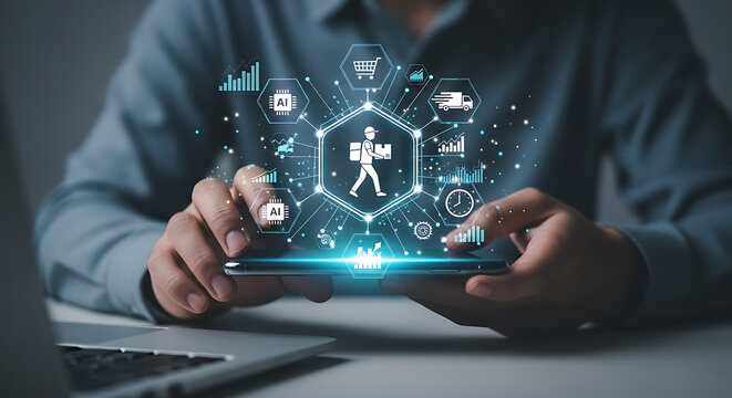 Person using smartphone showing delivery logistics A I data graphs