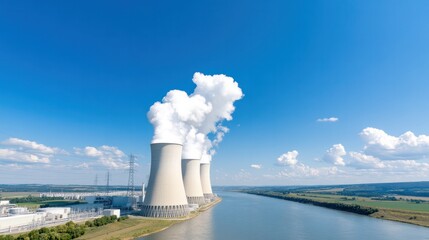 Obraz premium Aerial view of nuclear power plant with cooling towers releasing steam into the blue sky, surrounded by green landscape.