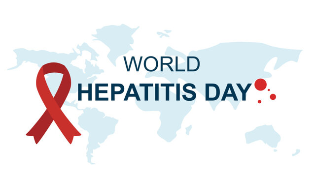 Global awareness design for World Hepatitis Day, featuring red ribbon and blue world map to promote public health.