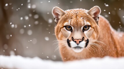 Obraz premium A stunning close-up of a puma in a snowy environment, showcasing its striking features and fierce beauty, embodying the essence of wilderness and nature's magnificence.