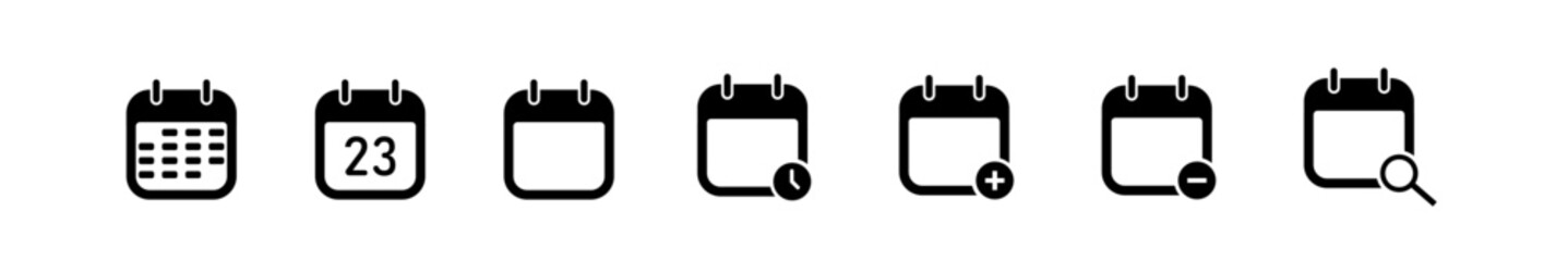 Row of Black Calendar Icons with Date and Search Variants