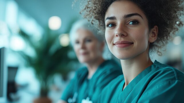 A caring nurse smiles warmly at the camera while her experienced colleague looks on, illustrating the compassion, dedication, and teamwork essential in healthcare environments.