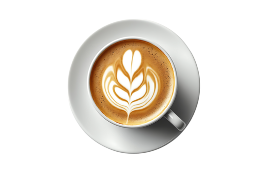 Overhead view of a latte with intricate latte art isolated on transparent background