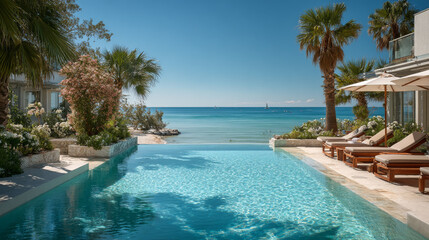 Fototapeta premium A serene coastal hotel retreat offers a private poolside area with sun loungers and stunning sea views
