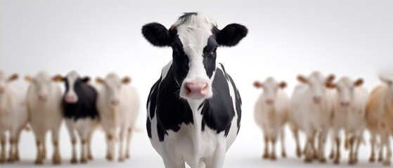 A cow is standing in front of a herd of cows