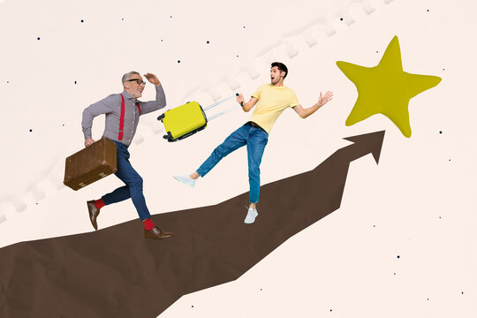 Art image creative photo collage of happy businessman businesswoman stand arrow development star review best mark achievement
