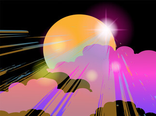 Vector illustration in trendy flat and neon style: bright sun with a star flare, colorful gradient clouds in pink, purple, yellow, and dynamic rays on a black background. Popular for bold digital art.