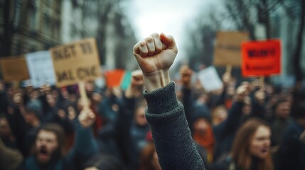 A crowd of people are protesting and one man is holding up a fist