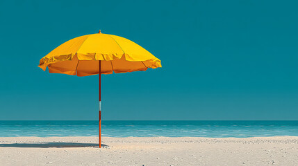 Bright yellow beach umbrella graphic in 3D vector style evokes summer holidays and travel vibes