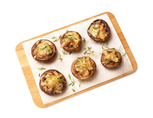 Delicious stuffed mushrooms with melted cheese and thyme isolated on white, top view