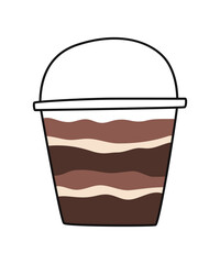 Cartoon layered dessert in a disposable cup. Vector flat illustration.