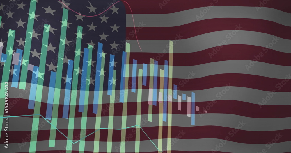 Poster displaying financial visualization over us flag, with candlestick bars, line traces and grid lines
