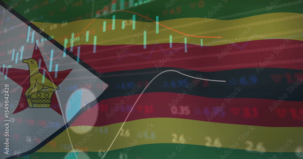 Poster overlaying zimbabwe flag with candlesticks, line graphs, stock figures, grid lines on data display