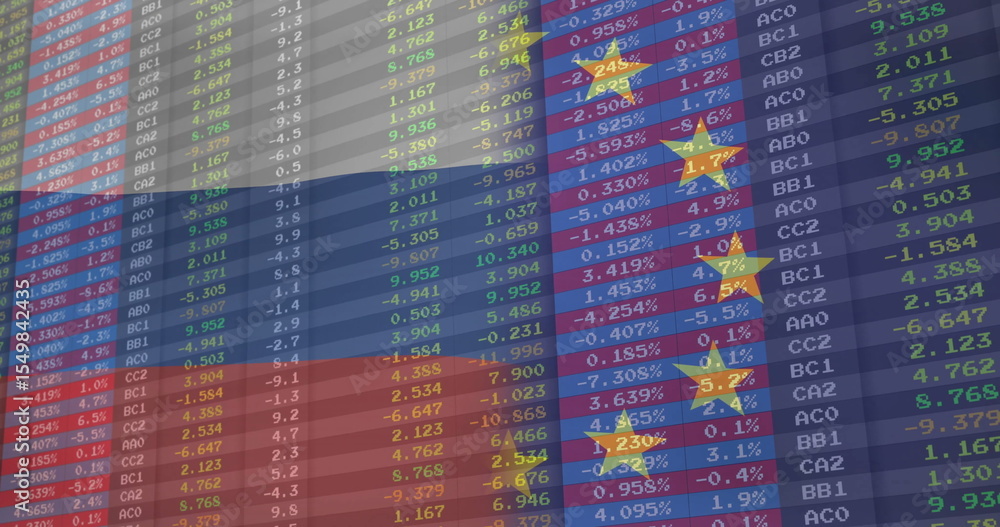Poster displaying financial data grid with alphanumeric codes, percent values on screen with yellow stars