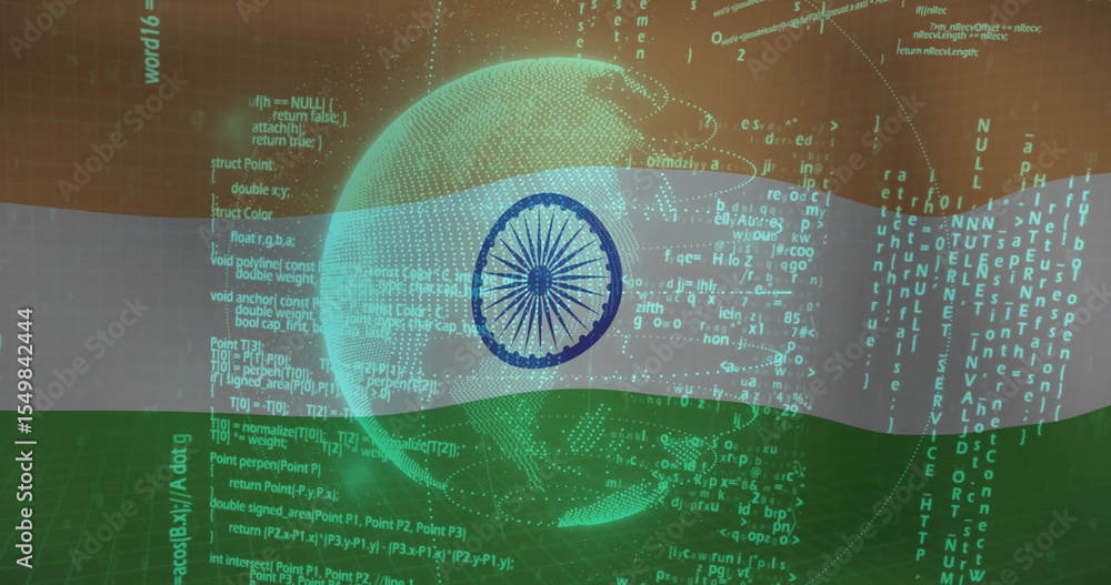 Poster displaying wireframe globe on indian flag backdrop, overlaying ashoka chakra and programming code