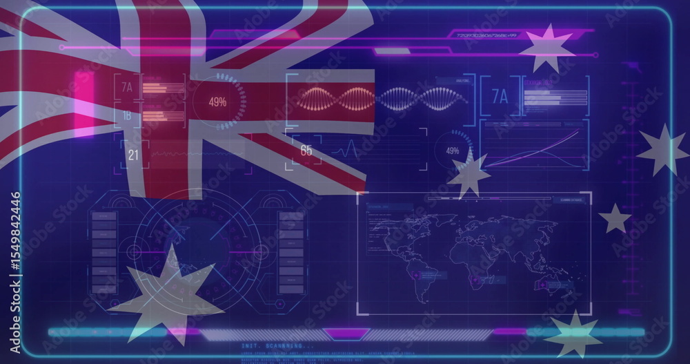 Poster displaying holographic interface on dark blue grid, with australian flag pie chart and waveform