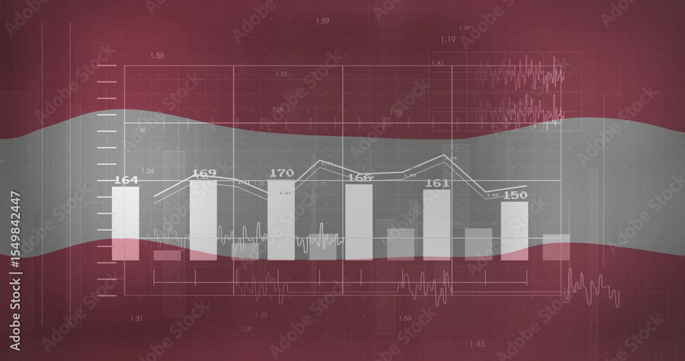 Poster displaying bar-line chart overlaying dashboard, with white vertical bars and connecting line graph