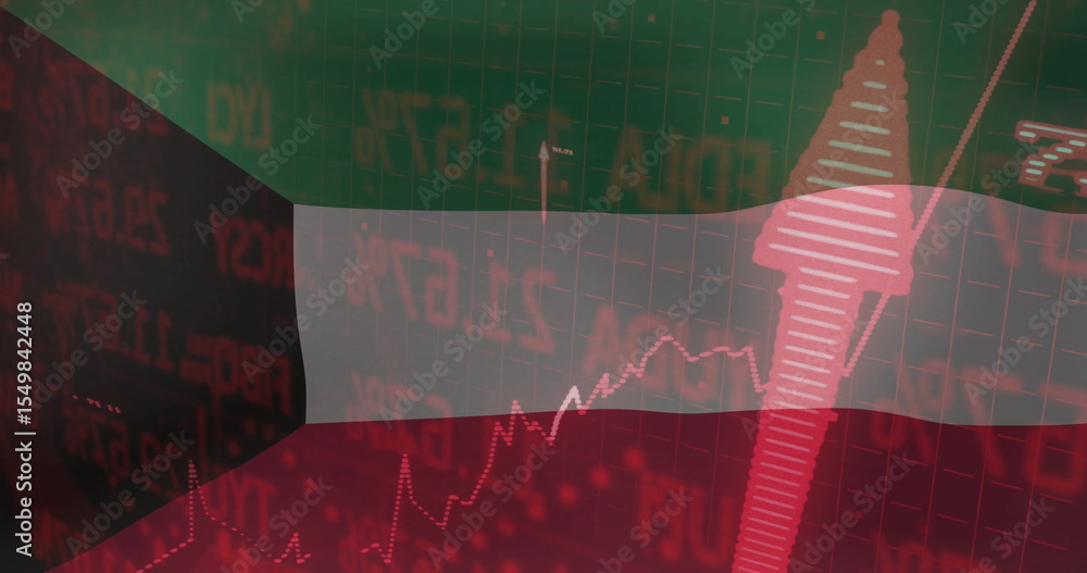 Poster displaying interface overlaying tricolor flag grid with red tickers, line chart and upward arrow