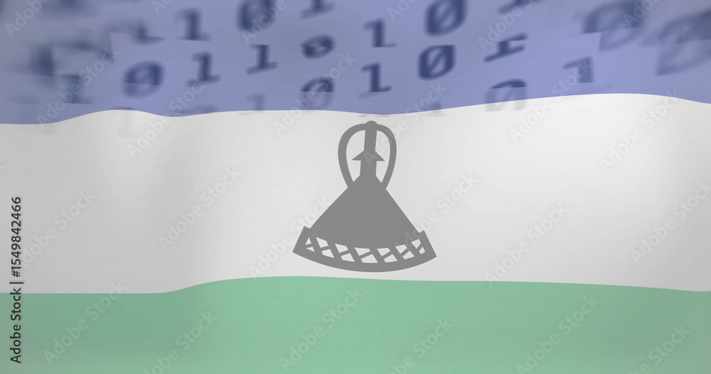 Poster displaying waving lesotho flag illustration, featuring binary overlay and mokorotlo silhouette