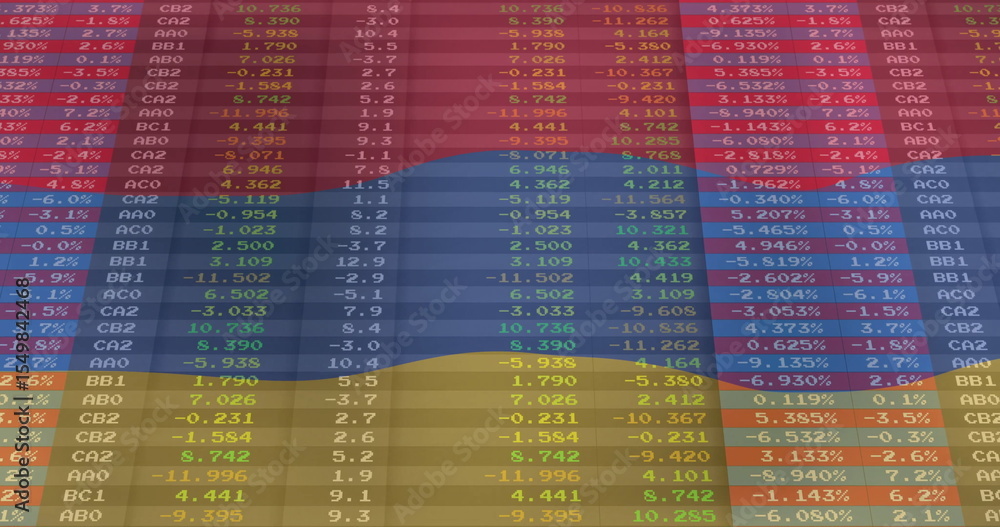 Poster displaying data grid in interface overlaying tricolor flag and showing codes and percent changes