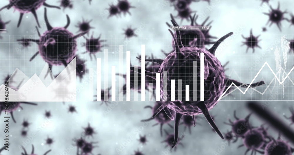 Poster displaying spiky spherical virus particle floating inside lab interface, with digital data overlay