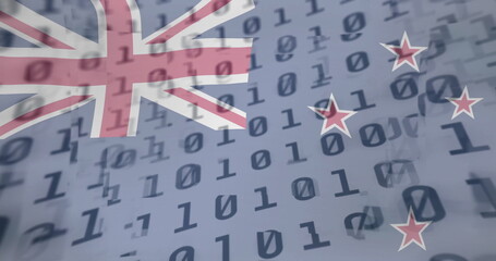 Fototapeta premium Displaying graphic overlaying binary code grid in data matrix, featuring Union Jack and red stars
