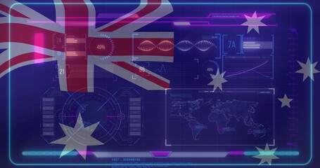 Fototapeta premium Displaying holographic interface on dark blue grid, with Australian flag pie chart and waveform