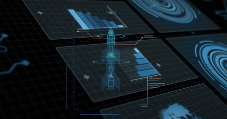 Displaying neon-blue rocket schematic in control interface, showing mission diagnostics panels