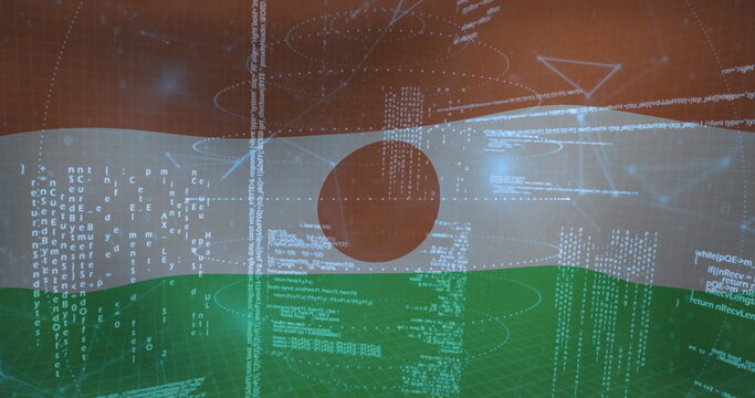 Naklejki Displaying 3D Niger flag floating in cyberspace, streaming code, grid floor, translucent overlays