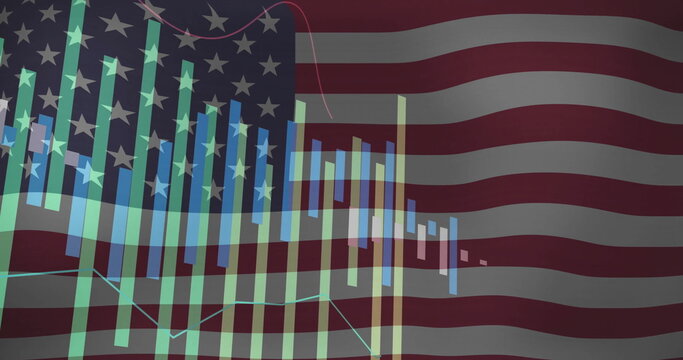 Naklejki Displaying financial visualization over US flag, with candlestick bars, line traces and grid lines
