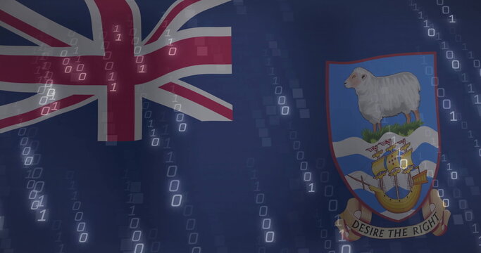 Naklejki Displaying Falkland Islands flag in digital scene, Union Jack canton, coat arms falling binary code