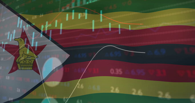 Naklejki Overlaying Zimbabwe flag with candlesticks, line graphs, stock figures, grid lines on data display