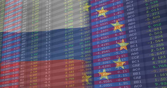 Displaying financial data grid with alphanumeric codes, percent values on screen with yellow stars