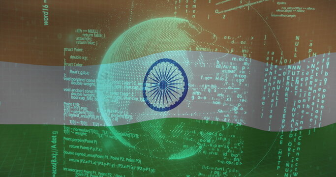 Naklejki Displaying wireframe globe on Indian flag backdrop, overlaying Ashoka Chakra and programming code
