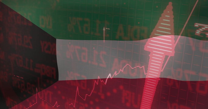 Naklejki Displaying interface overlaying tricolor flag grid with red tickers, line chart and upward arrow